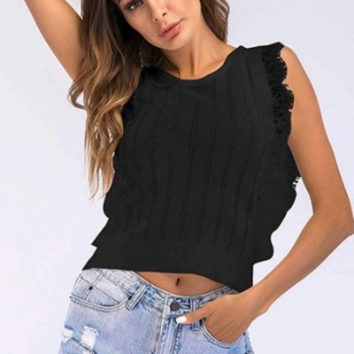 Camisoles & Tanks Fashion Womens Casual Loose Lace Panel Short Slim Camisole (Size M-XL) - Black - CF196WQ4UIQ