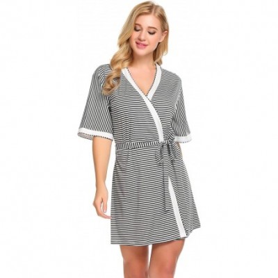 Robes Women Striped Sleep Robes Open Front V Neck Short Sleeve Sleepwear with Belt - Black White - C618GAYDLOE