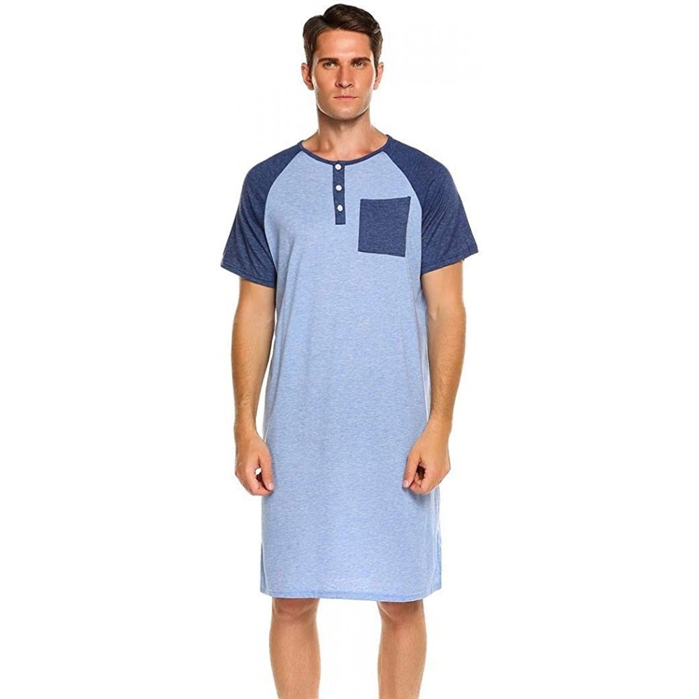 Sleep Tops Men's Nightshirt Nightwear Comfort Cotton Sleep Shirt Henley Short Sleeve Lounge Sleepwear - Blue - CZ194GKGIEO