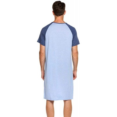 Sleep Tops Men's Nightshirt Nightwear Comfort Cotton Sleep Shirt Henley Short Sleeve Lounge Sleepwear - Blue - CZ194GKGIEO