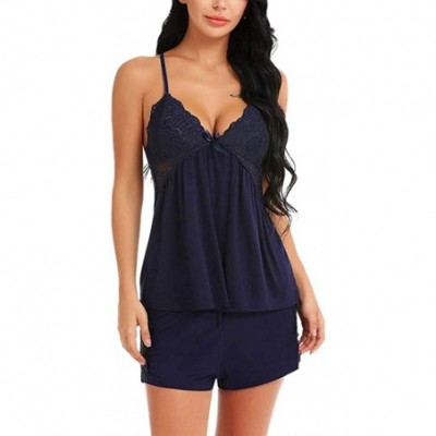 Thermal Underwear Women Sexy Lace Lingerie Nightwear Loose Robe Floral Camisole Sleepwear - Dark Blue - CN18S6YZCQZ