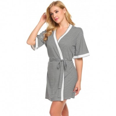 Robes Women Striped Sleep Robes Open Front V Neck Short Sleeve Sleepwear with Belt - Black White - C618GAYDLOE