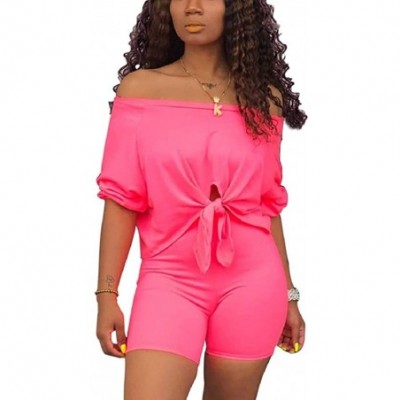 Sets Womens Sexy 2 Piece Outfits One Off Shoulder Tie Knot Crop Top Bodycon Short Pants Tracksuit Set - B-pink - CI190DLS2D3