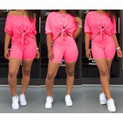 Sets Womens Sexy 2 Piece Outfits One Off Shoulder Tie Knot Crop Top Bodycon Short Pants Tracksuit Set - B-pink - CI190DLS2D3