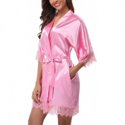 Robes Women's Lace Trim Kimono Robe Bride Bridesmaids Wedding Shower Satin Short Robe - Pink - C5182Q88Z9H