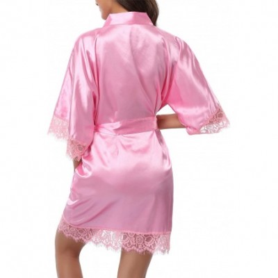 Robes Women's Lace Trim Kimono Robe Bride Bridesmaids Wedding Shower Satin Short Robe - Pink - C5182Q88Z9H