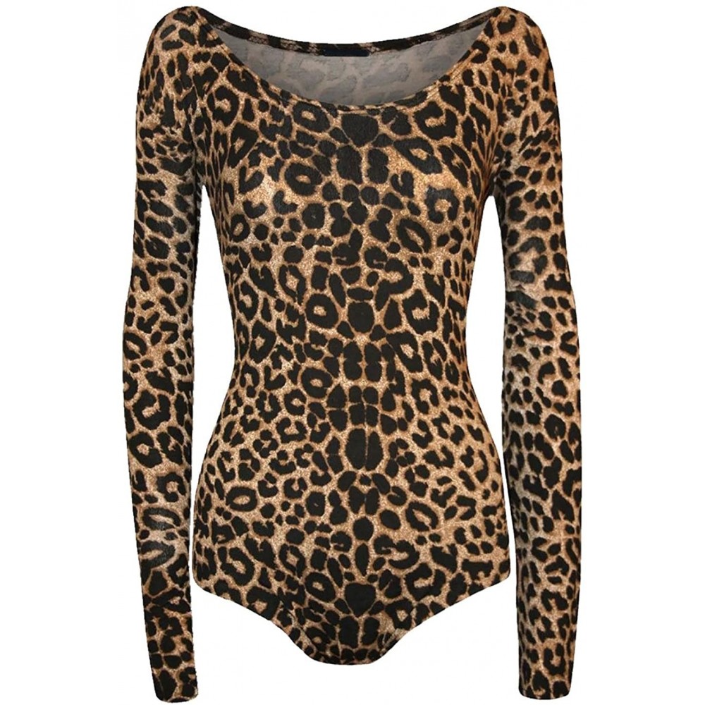 Shapewear Women Animal Print Long Sleeve Scoop Neck Bodysuit Ladies Stretchy Leotard Top S/M- M/L - Brown Leopard - CA189W08GSX