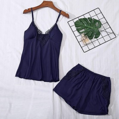 Sets Women's Satin Pajama Cami Set Silky Lace Nightwear 2 Piece Lingerie Short Sleepwear - Silk Lace - Navy - CF193A54Q8O