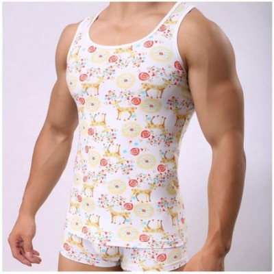 Undershirts Men Tank Top Deer Print Vest Sleeveless U Neck Elastic Comfortable Undershirt Home Wear - C119DNAA06T