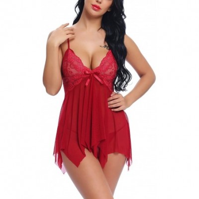 Baby Dolls & Chemises Babydoll Lingerie for Women Lace Nighties Set Small-XXL - Wine Red - C618HSUQQI9