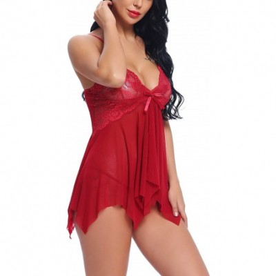 Baby Dolls & Chemises Babydoll Lingerie for Women Lace Nighties Set Small-XXL - Wine Red - C618HSUQQI9