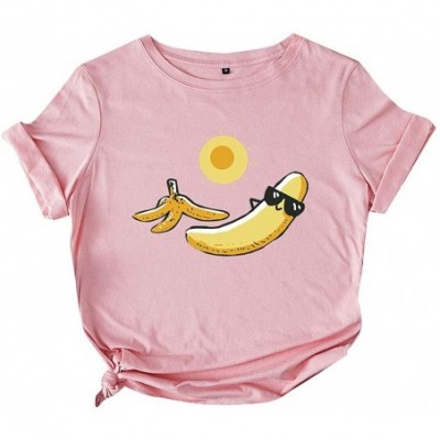 Baby Dolls & Chemises Women Loose O-Neck Banana Print Bottoming Shirt Short Sleeve T-Shirt Top - Pink - CU1974ZI75Q