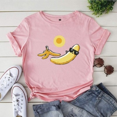 Baby Dolls & Chemises Women Loose O-Neck Banana Print Bottoming Shirt Short Sleeve T-Shirt Top - Pink - CU1974ZI75Q