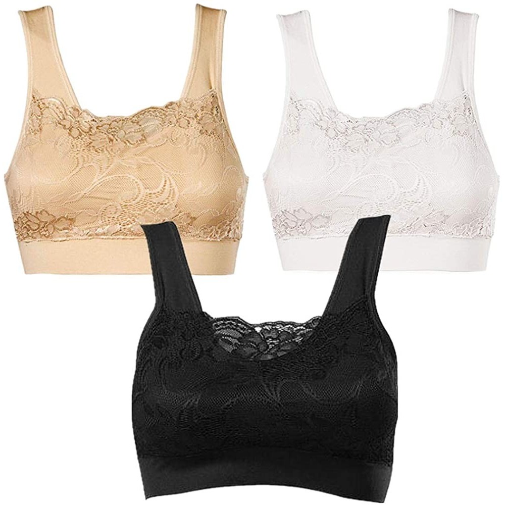 Bras Classic Style Women Smooth V-Neck w/Lace Neutrals Bra with Removable Pads Women's Seamless Lace Overlay Comfort Bra - Wh...