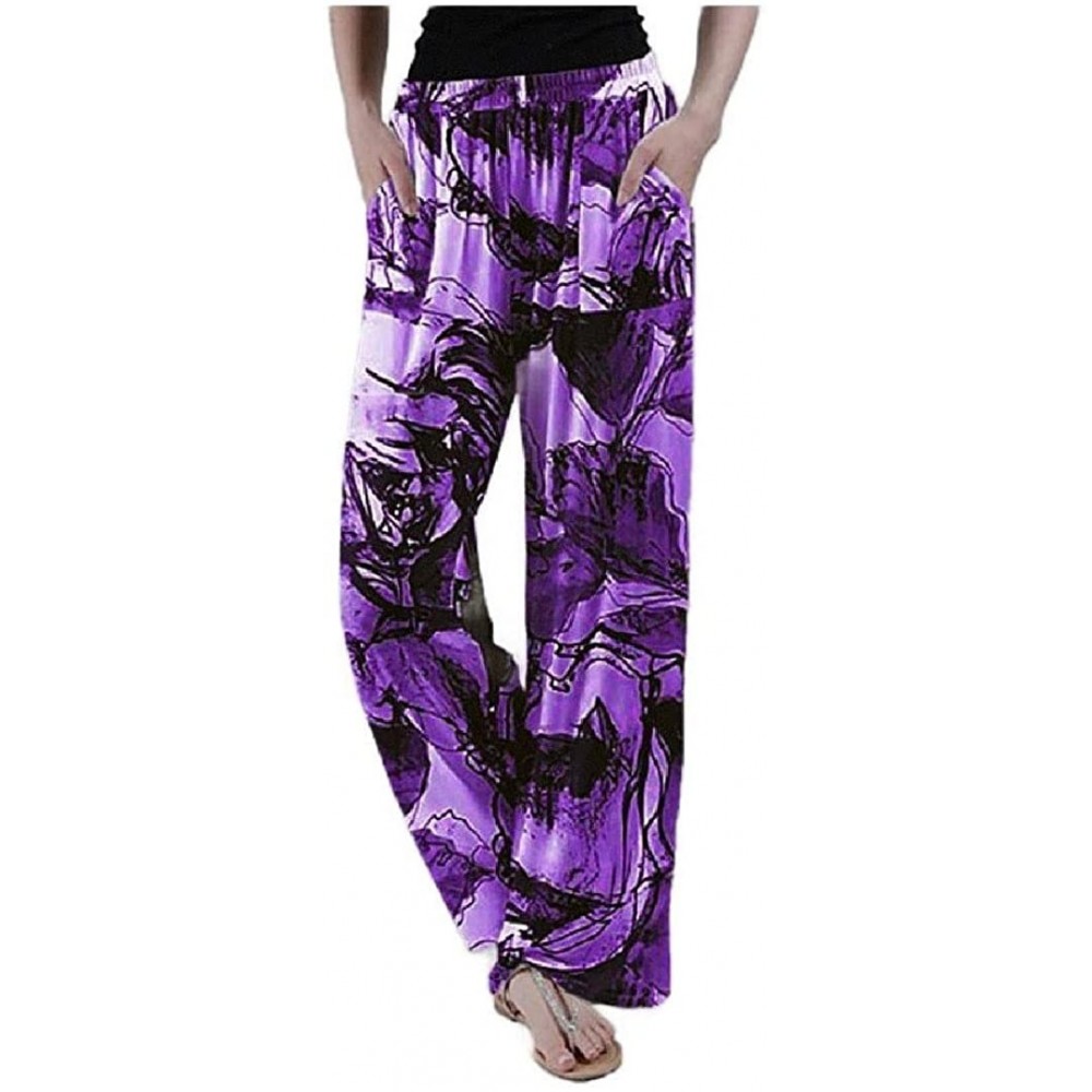 Bottoms Women Fall Winter Lounge Elastic Waist Patterned Palazzo Lounge Pant - Purple - C319DARKRWH