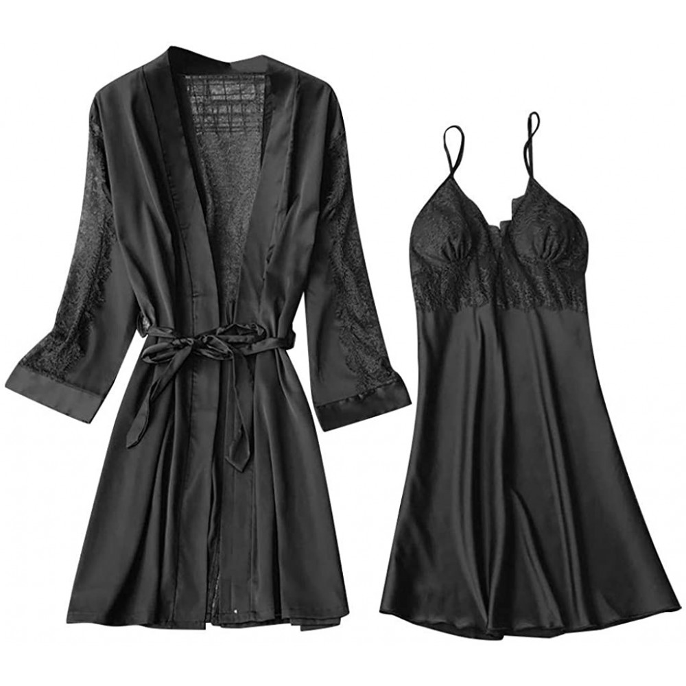 Robes 2Pcs Sexy Lingerie Women Silk Lace Robe Babydoll Nightdress Sleepwear Kimono Bathrobe Set - Black - CI194CT4T77