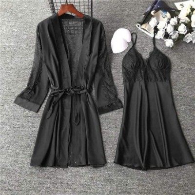 Robes 2Pcs Sexy Lingerie Women Silk Lace Robe Babydoll Nightdress Sleepwear Kimono Bathrobe Set - Black - CI194CT4T77