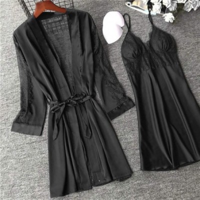 Robes 2Pcs Sexy Lingerie Women Silk Lace Robe Babydoll Nightdress Sleepwear Kimono Bathrobe Set - Black - CI194CT4T77