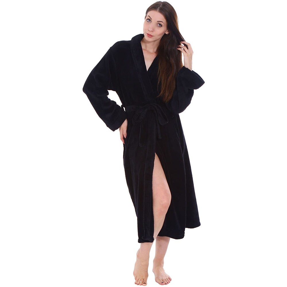 Robes Women's Soft Plush Warm Fleece Bathrobe Sleepwear Dressing Gown - Black - CU187CQIY0X