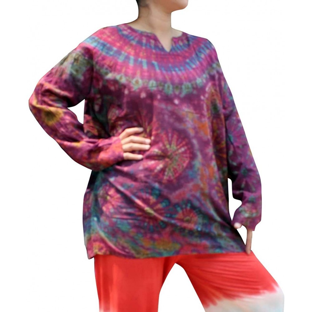 Sleep Tops Tie Dye Long Sleeve Round V Collar Unisex Casual Shirt Tiedyed - Saloo Cotton - Flirt Violet - CD18NA9S6UZ