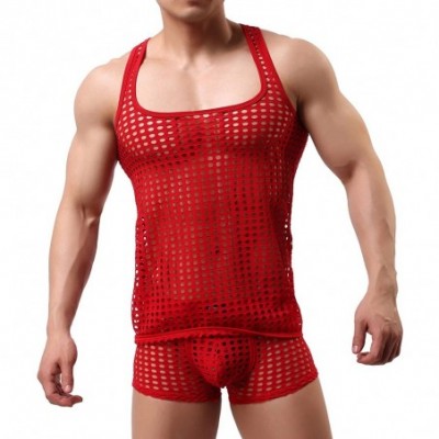 Undershirts Men's Mesh See Through Muscle Fishnet Tank Top - Red - CY12N0FDESO