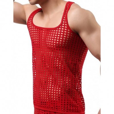 Undershirts Men's Mesh See Through Muscle Fishnet Tank Top - Red - CY12N0FDESO