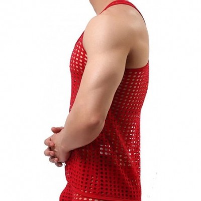 Undershirts Men's Mesh See Through Muscle Fishnet Tank Top - Red - CY12N0FDESO