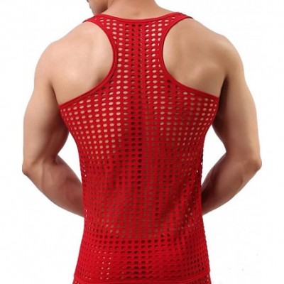 Undershirts Men's Mesh See Through Muscle Fishnet Tank Top - Red - CY12N0FDESO