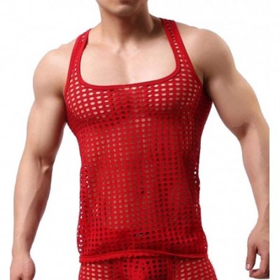 Undershirts Men's Mesh See Through Muscle Fishnet Tank Top - Red - CY12N0FDESO