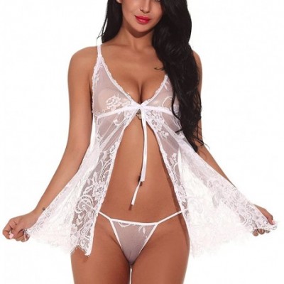 Baby Dolls & Chemises Lingerie for Women Front Closure Babydoll Lace Chemise V Neck Mesh Sleepwear - White - CG197E4T0MT