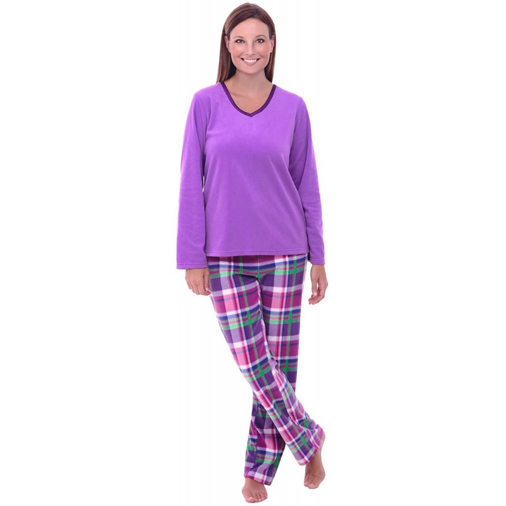 Sets Women's Warm Fleece Pajamas- Long V Neck Pj Set - Purple and Green Plaid With Purple Trim - CO12ENM167N