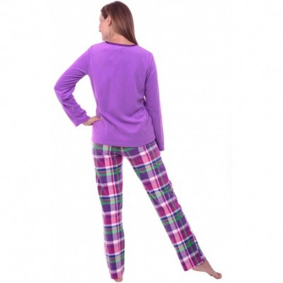 Sets Women's Warm Fleece Pajamas- Long V Neck Pj Set - Purple and Green Plaid With Purple Trim - CO12ENM167N