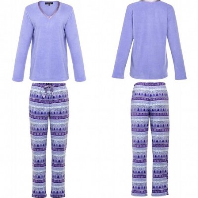 Sets Women's Warm Fleece Pajamas- Long V Neck Pj Set - Purple and Green Plaid With Purple Trim - CO12ENM167N