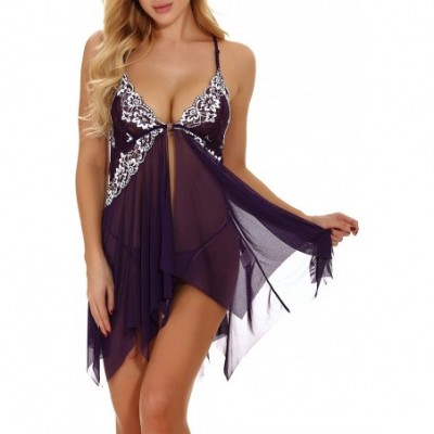 Baby Dolls & Chemises Womens Lingerie Lace Sexy Sleepwear Babydoll V-Neck Open Front Strap Chemise Nightgown - Purple - CK198...