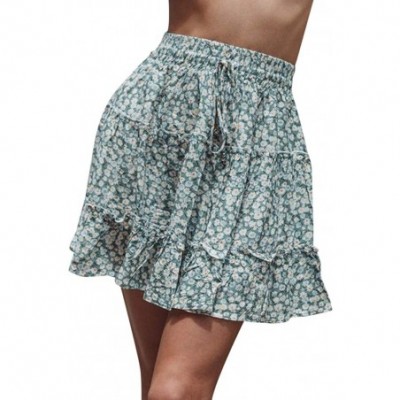 Slips Women's Ruffle Floral Print High Waist Mini Skirt Casual Beach Cute Polka Pot Short Skirts with Bow - Light Blue - CF19...