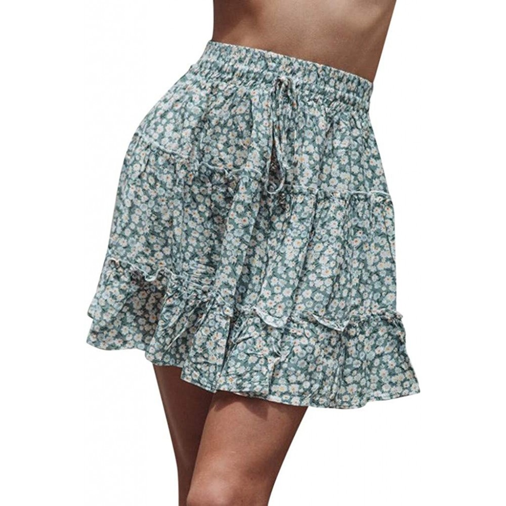 Slips Women's Ruffle Floral Print High Waist Mini Skirt Casual Beach Cute Polka Pot Short Skirts with Bow - Light Blue - CF19...