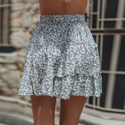 Slips Women's Ruffle Floral Print High Waist Mini Skirt Casual Beach Cute Polka Pot Short Skirts with Bow - Light Blue - CF19...