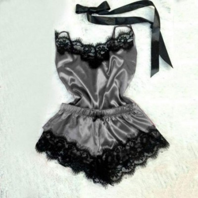 Baby Dolls & Chemises New Womens Sexy Lingerie Camisole Bow Shorts V-Neck Tops Velvet Pajamas Sleepwear - F Gray - CD195Y9WH4M