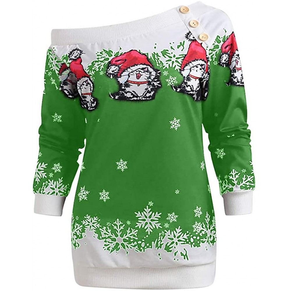 Shapewear Womens Christmas Santa Off Shoulder Asymmetric Snowflake Sweater Pullover - X3-green - C71934A0SDM