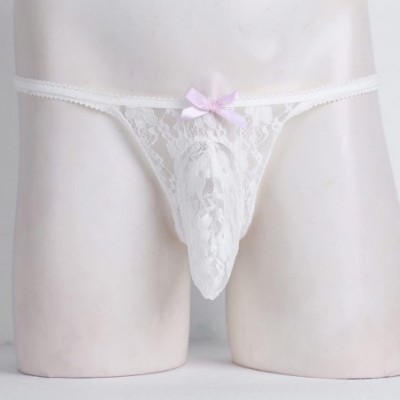 Briefs Men's Floral Lace See Through Bulge Pouch Panties Open Butt Sissy Bikini Briefs Gay Underwear - White - CD19D682KE4