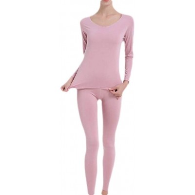 Thermal Underwear Womens Soft Thermal Underwear Crew Long Sleeve Top & Bottom - Pink - CJ18A48WIOY