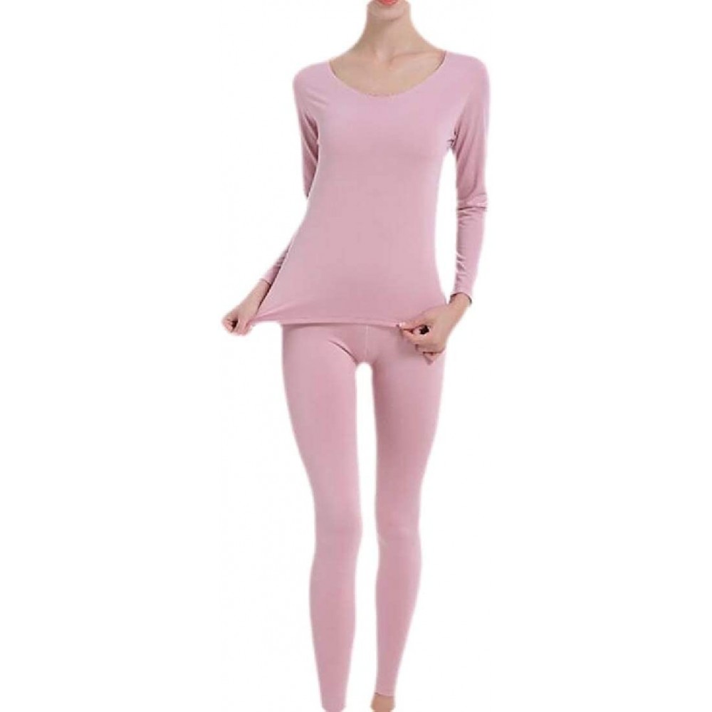 Thermal Underwear Womens Soft Thermal Underwear Crew Long Sleeve Top & Bottom - Pink - CJ18A48WIOY