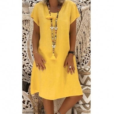 Thermal Underwear Women Summer Style Feminino Vestido T-Shirt Cotton Casual Plus Size Ladies Dress - Yellow - C318SDKZD8Q