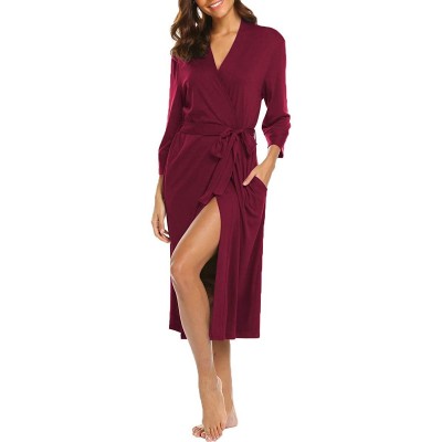 Robes Womens Robe Knit Bathrobe Sleepwear Loungewear Lightweight Kimono Robes Long (S-XXL) - Burgundy - CM18H04Y4HD