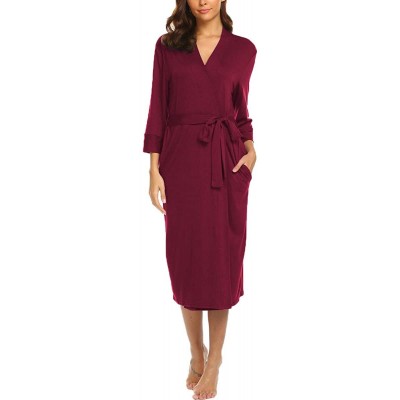 Robes Womens Robe Knit Bathrobe Sleepwear Loungewear Lightweight Kimono Robes Long (S-XXL) - Burgundy - CM18H04Y4HD