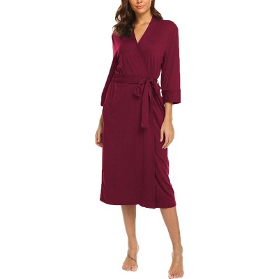 Robes Womens Robe Knit Bathrobe Sleepwear Loungewear Lightweight Kimono Robes Long (S-XXL) - Burgundy - CM18H04Y4HD