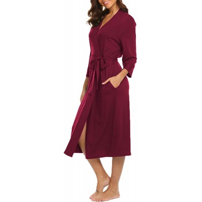 Robes Womens Robe Knit Bathrobe Sleepwear Loungewear Lightweight Kimono Robes Long (S-XXL) - Burgundy - CM18H04Y4HD