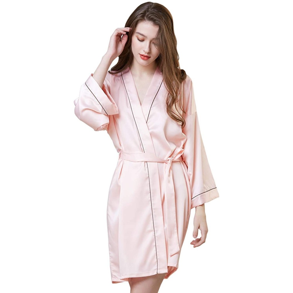 Robes Womens Satin Robe-Kimono Robes for Women-Short-Solid Color Bathrobes - Pink - C418R22ZUHS