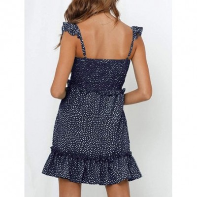 Nightgowns & Sleepshirts Women's Mini Dress Floral Print Ruffle Hem Strappy Summer Beach Dress - Navy - CT18A05QN6W