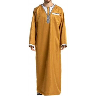 Robes Men's Islamic Thobe Round Collar Splicing Long Sleeve Arab Muslim Wear Robe Clothes Size XXL (Yellow) - CN18SXMHRLI